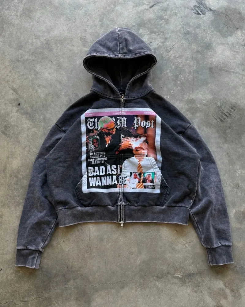 Flytonn- Streetwear y2k 90s Fashion Aesthetic American poster pattern printed cardigan zipper hoodies for women y2k clothing 2000s retro popular fashion sweatshirts