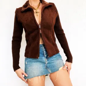 Furry Faux Suede Double Zip Cardi (S)