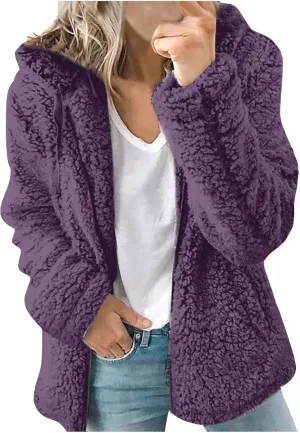 Fuzzy Fleece Jacket for Women Fall Winter Warm Shaggy Teddy Coats Oversized Zip Up Faux Fur Sherpa Hoodies Outwear