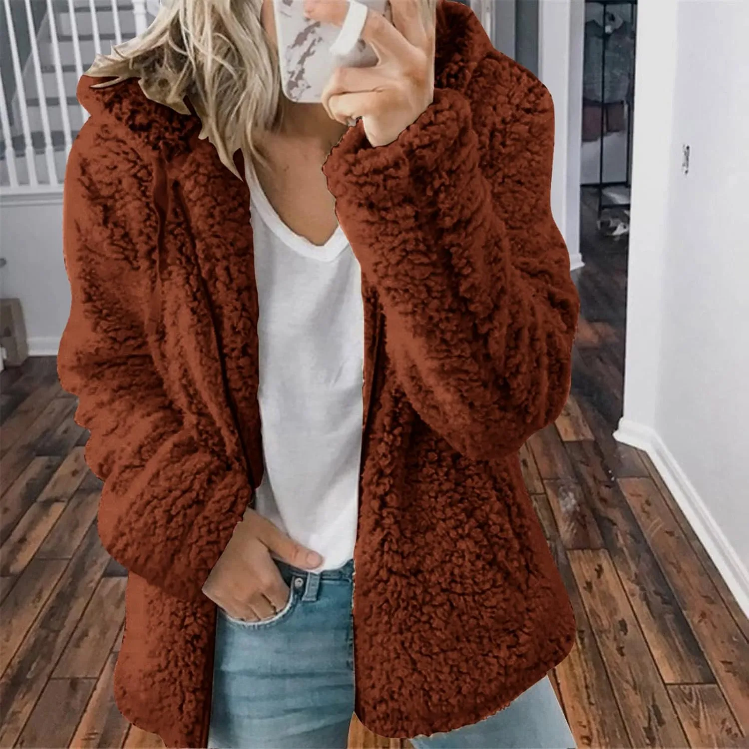 Fuzzy Fleece Jacket for Women Fall Winter Warm Shaggy Teddy Coats Oversized Zip Up Faux Fur Sherpa Hoodies Outwear
