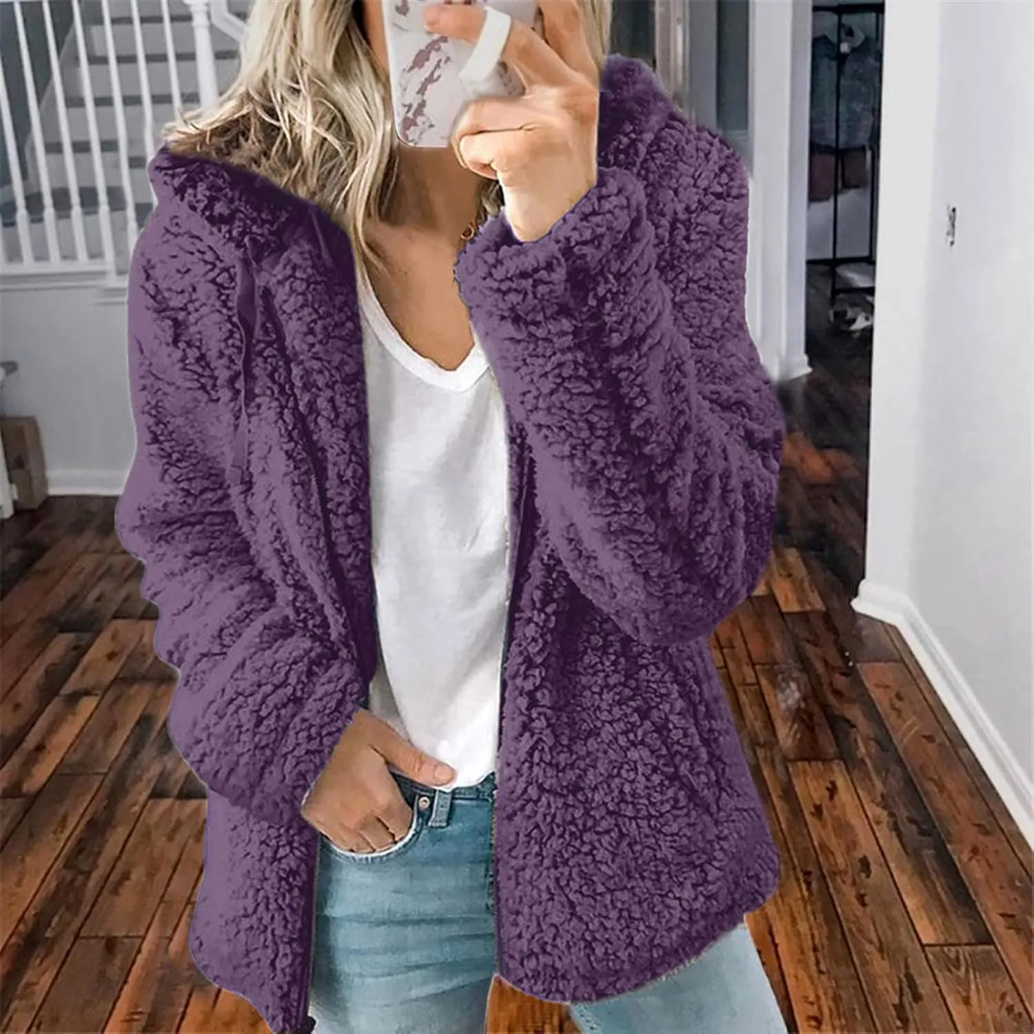Fuzzy Fleece Jacket for Women Fall Winter Warm Shaggy Teddy Coats Oversized Zip Up Faux Fur Sherpa Hoodies Outwear