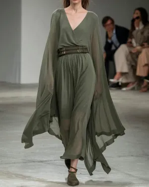 Green Chiffon Flowy V-Neck One-Sleeve Dress