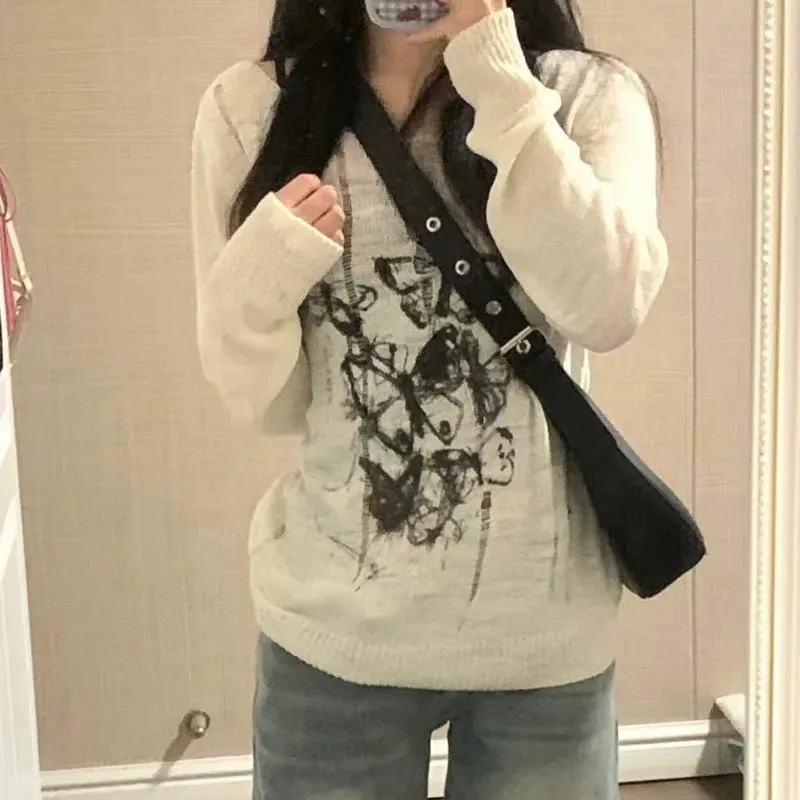 Harajuku Y2K Women Knitwear Vintage Knit Tshirt See Through Graphic Pullovers Gothic Korea Fashion Long Sleeve Spring