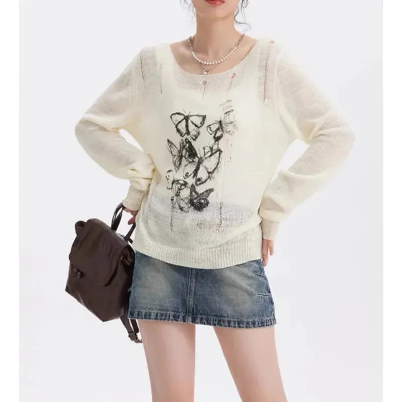 Harajuku Y2K Women Knitwear Vintage Knit Tshirt See Through Graphic Pullovers Gothic Korea Fashion Long Sleeve Spring