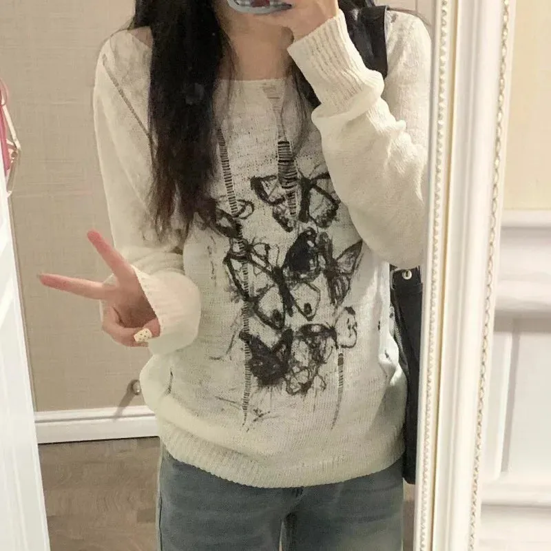 Harajuku Y2K Women Knitwear Vintage Knit Tshirt See Through Graphic Pullovers Gothic Korea Fashion Long Sleeve Spring
