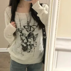Harajuku Y2K Women Knitwear Vintage Knit Tshirt See Through Graphic Pullovers Gothic Korea Fashion Long Sleeve Spring