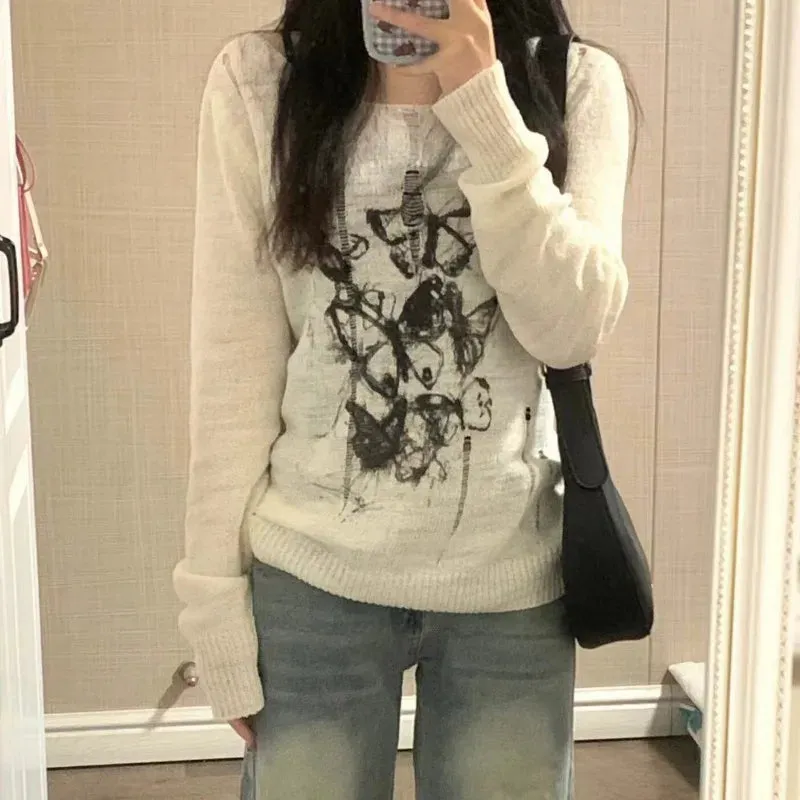 Harajuku Y2K Women Knitwear Vintage Knit Tshirt See Through Graphic Pullovers Gothic Korea Fashion Long Sleeve Spring