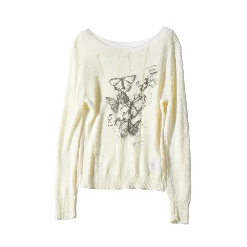 Harajuku Y2K Women Knitwear Vintage Knit Tshirt See Through Graphic Pullovers Gothic Korea Fashion Long Sleeve Spring
