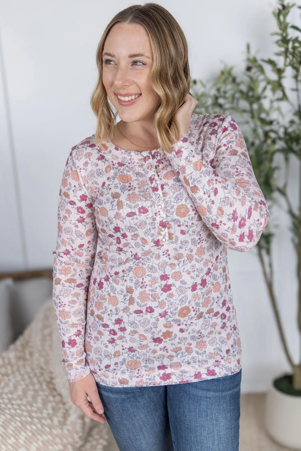 IN PRODUCTION Button Snap Henley Top - Pink Fall Vintage Floral