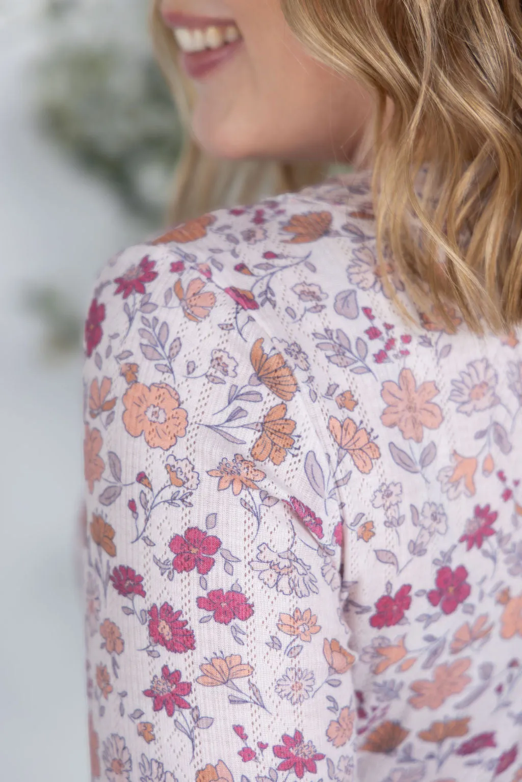 IN PRODUCTION Button Snap Henley Top - Pink Fall Vintage Floral