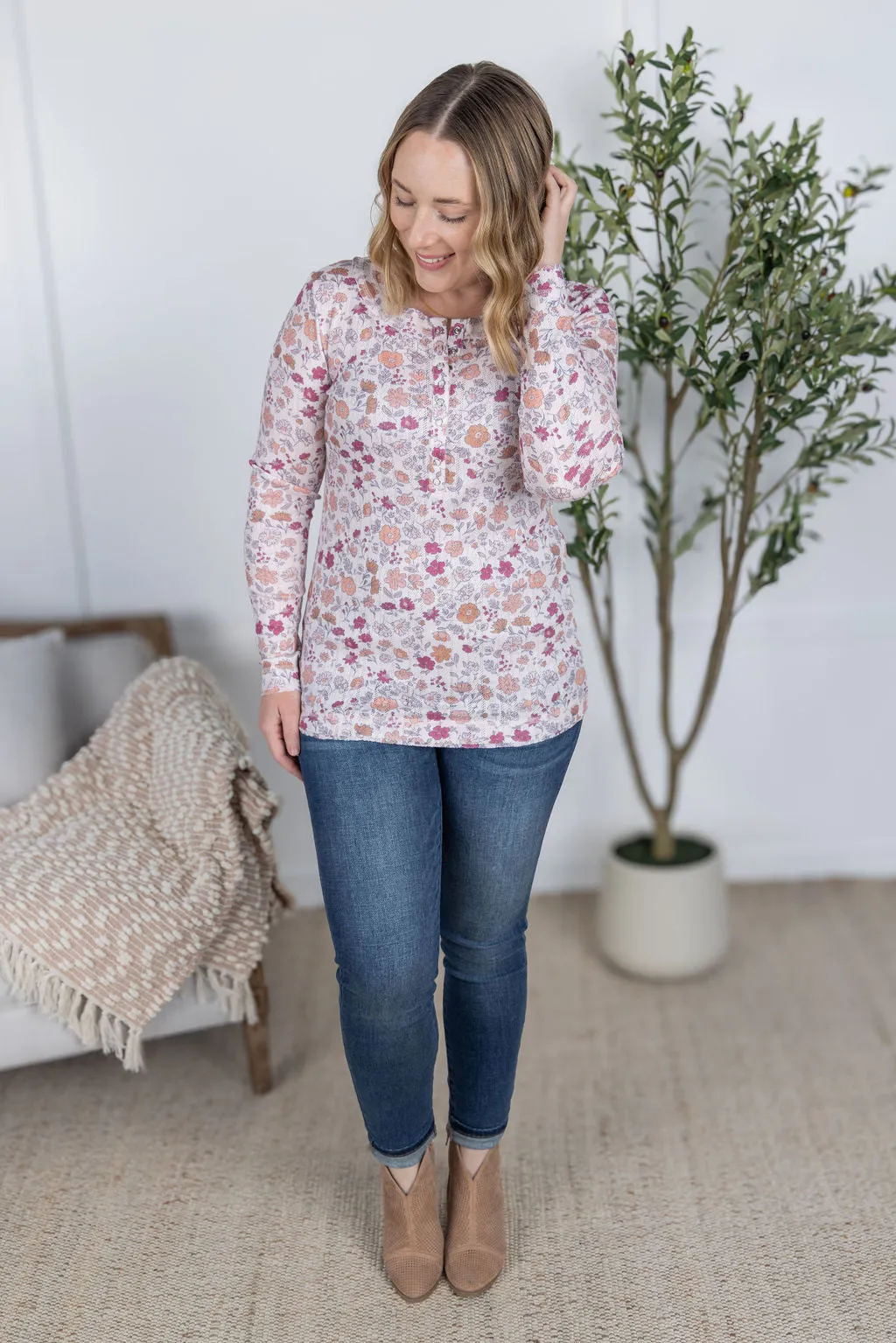 IN PRODUCTION Button Snap Henley Top - Pink Fall Vintage Floral