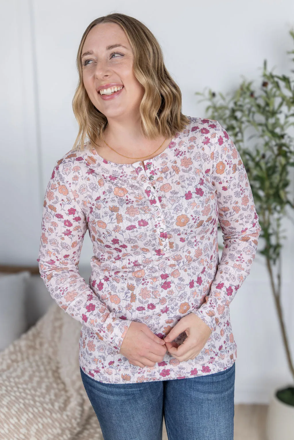 IN PRODUCTION Button Snap Henley Top - Pink Fall Vintage Floral