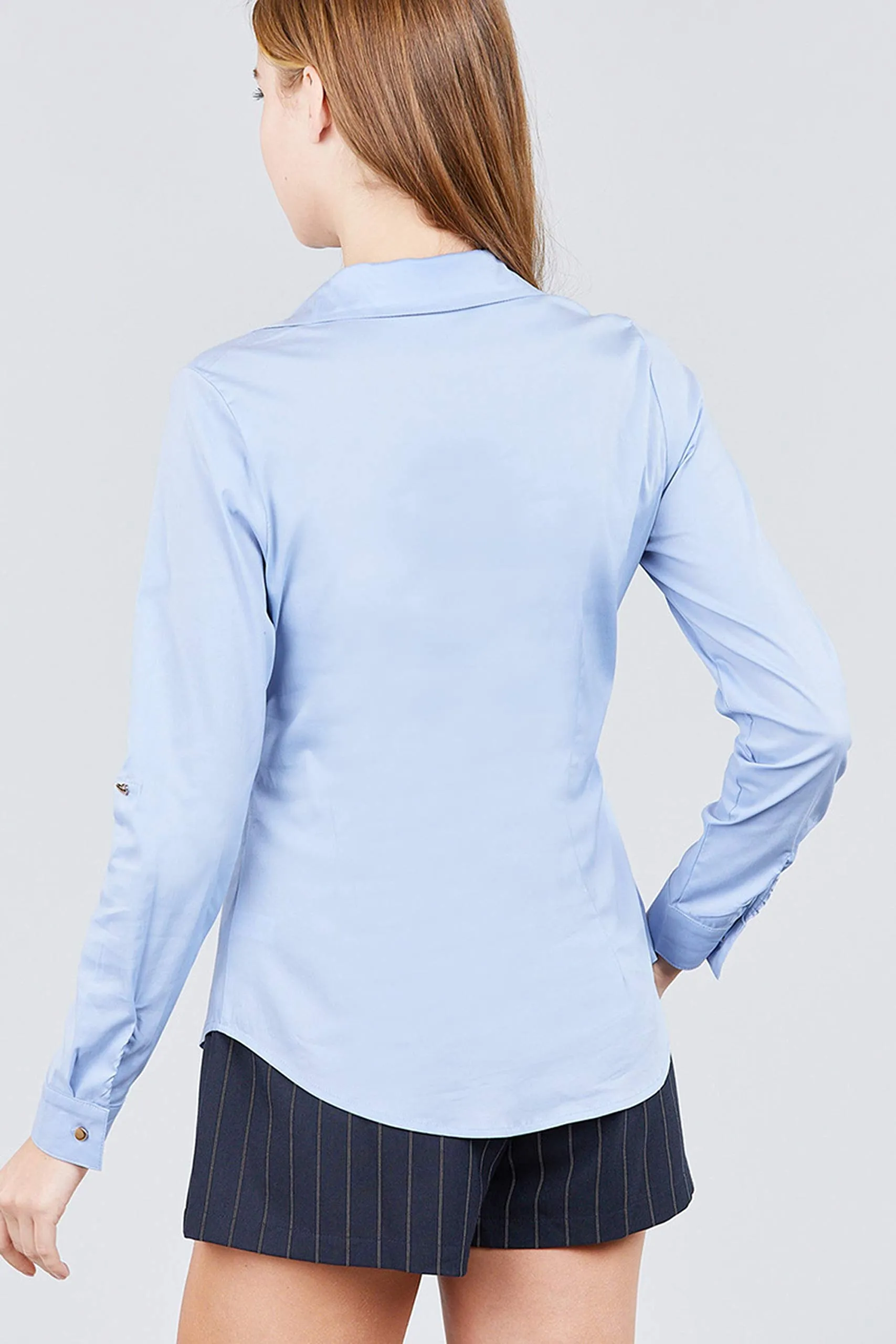Khanomak Women'S 3/4 Roll Up Sleeve Front Pocket Button Detail Stretch Shirt