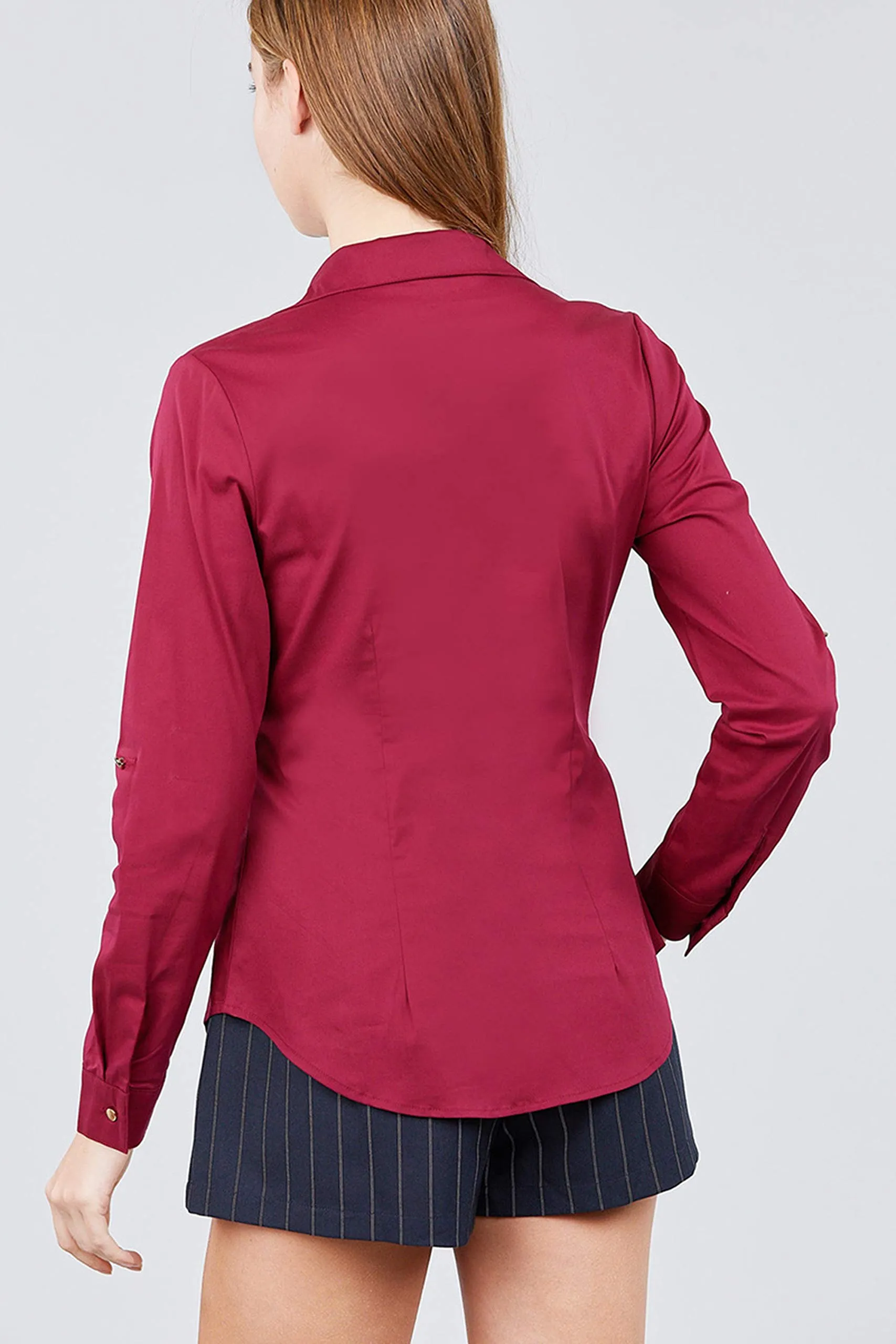 Khanomak Women'S 3/4 Roll Up Sleeve Front Pocket Button Detail Stretch Shirt