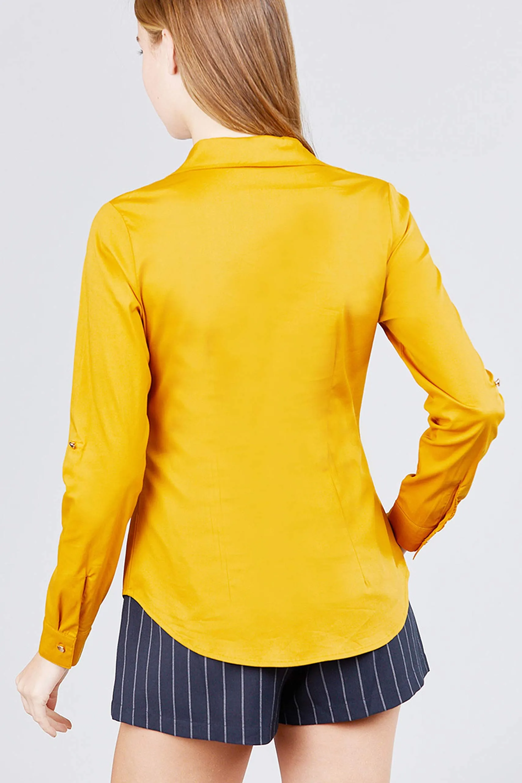 Khanomak Women'S 3/4 Roll Up Sleeve Front Pocket Button Detail Stretch Shirt