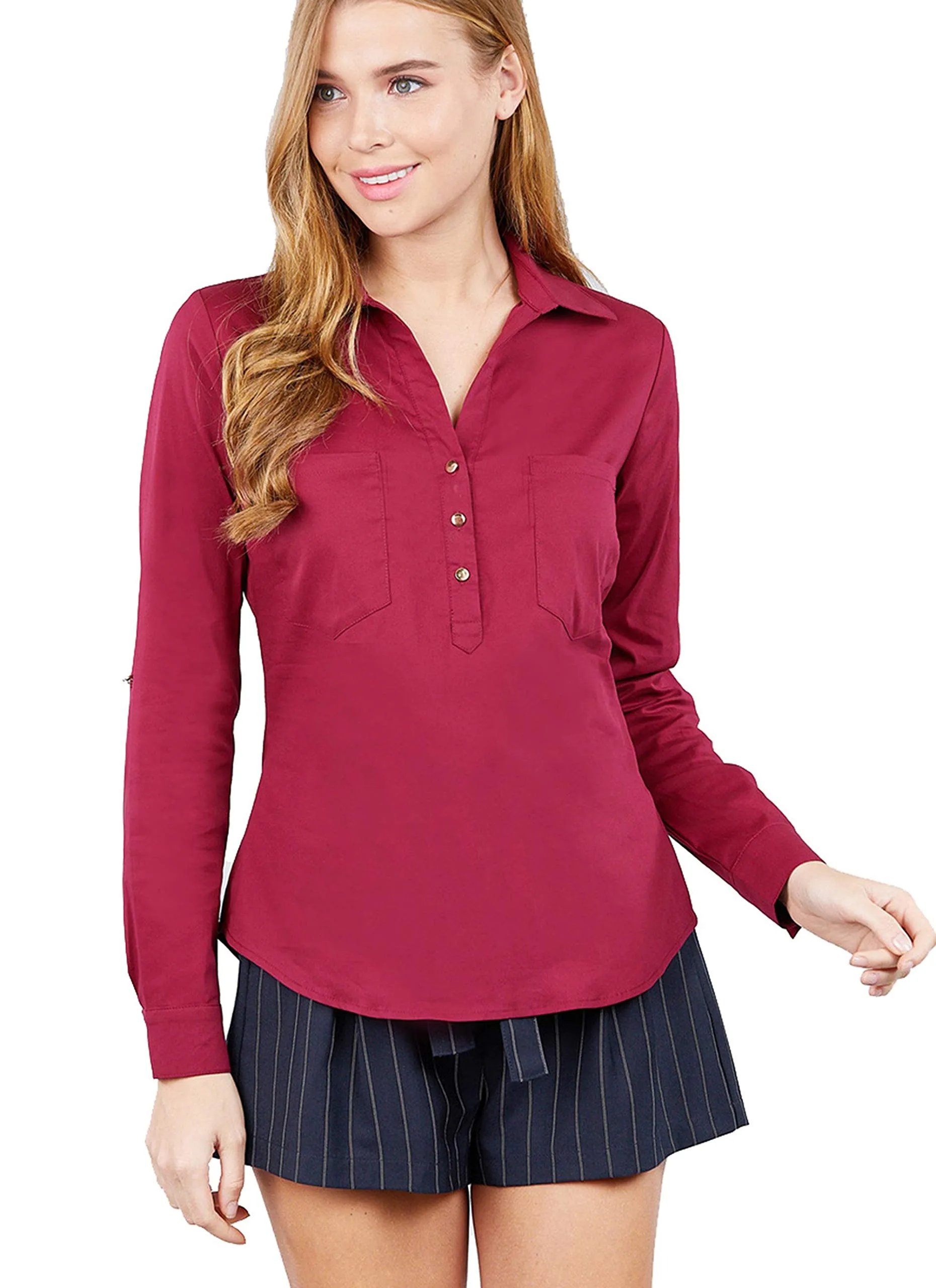 Khanomak Women'S 3/4 Roll Up Sleeve Front Pocket Button Detail Stretch Shirt