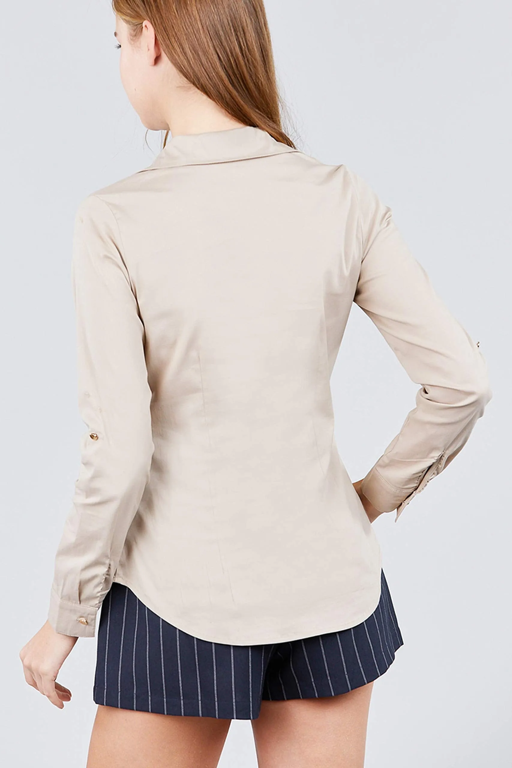 Khanomak Women'S 3/4 Roll Up Sleeve Front Pocket Button Detail Stretch Shirt