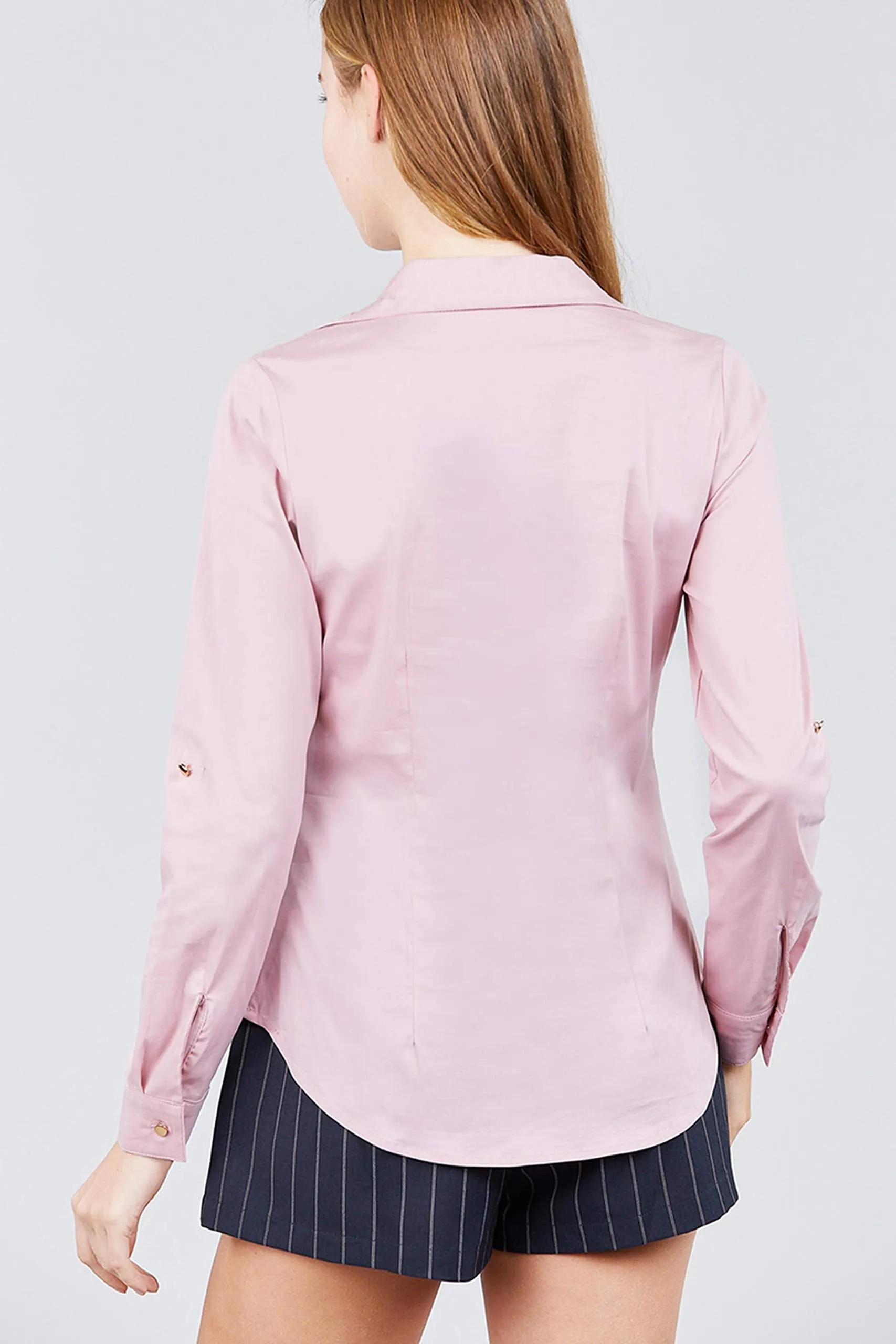 Khanomak Women'S 3/4 Roll Up Sleeve Front Pocket Button Detail Stretch Shirt
