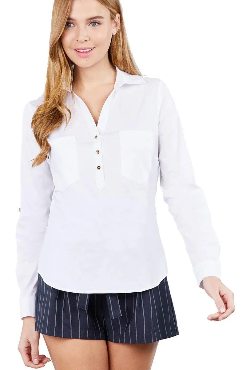 Khanomak Women'S 3/4 Roll Up Sleeve Front Pocket Button Detail Stretch Shirt