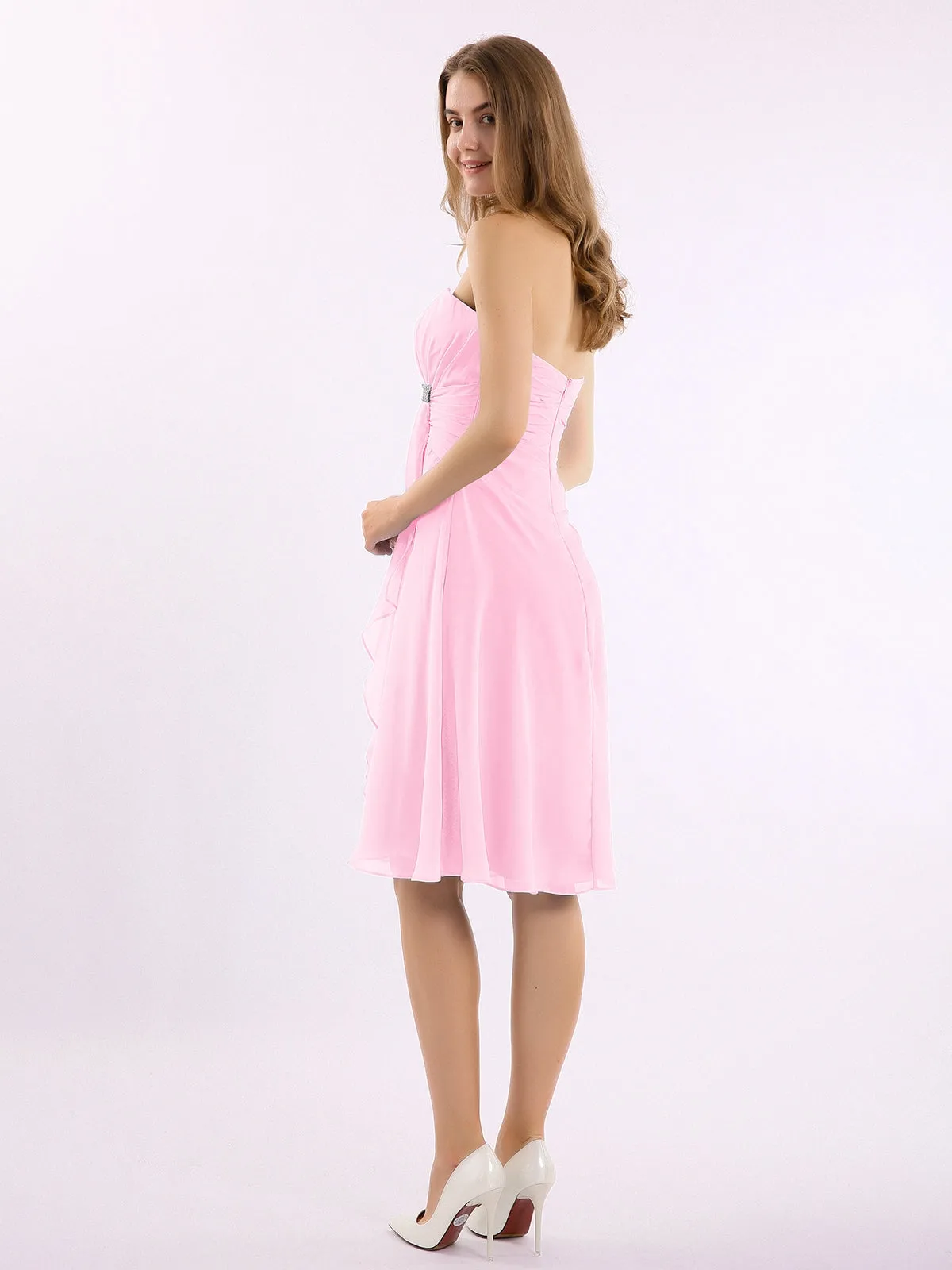 Knee Length Chiffon Dress with Sweetheart Neck-Candy Pink