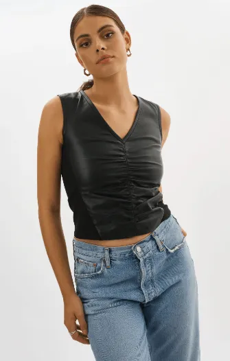 Lamarque Firmina Leather Ruched Top in Black