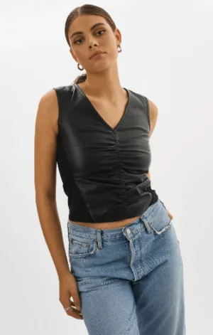 Lamarque Firmina Leather Ruched Top in Black