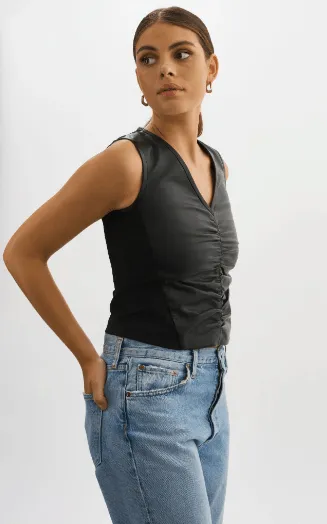 Lamarque Firmina Leather Ruched Top in Black