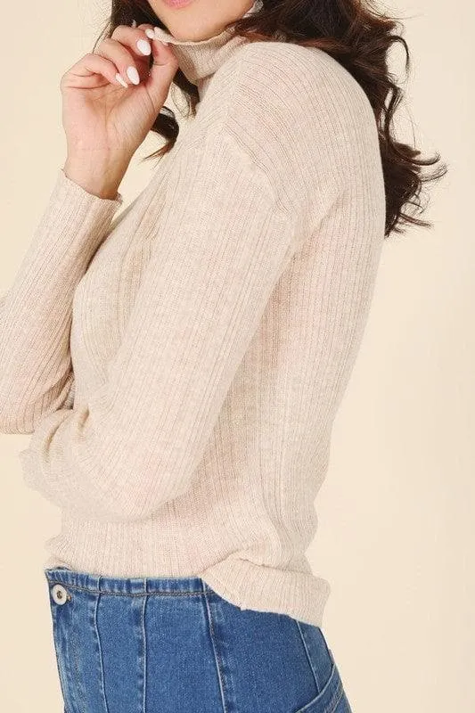 LILOU Wool Blended Mock Neck Sheer Sweater