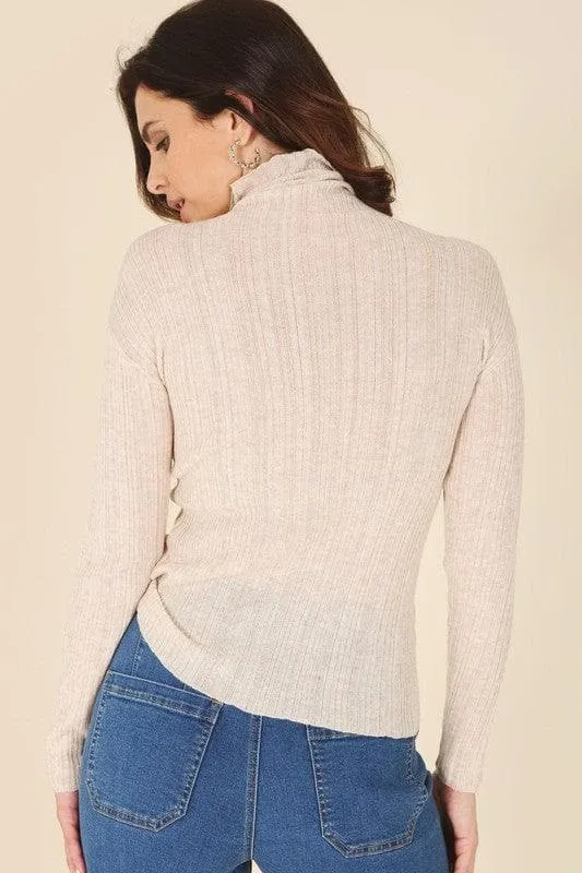 LILOU Wool Blended Mock Neck Sheer Sweater