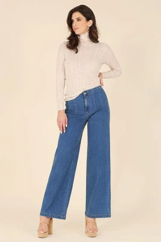 LILOU Wool Blended Mock Neck Sheer Sweater
