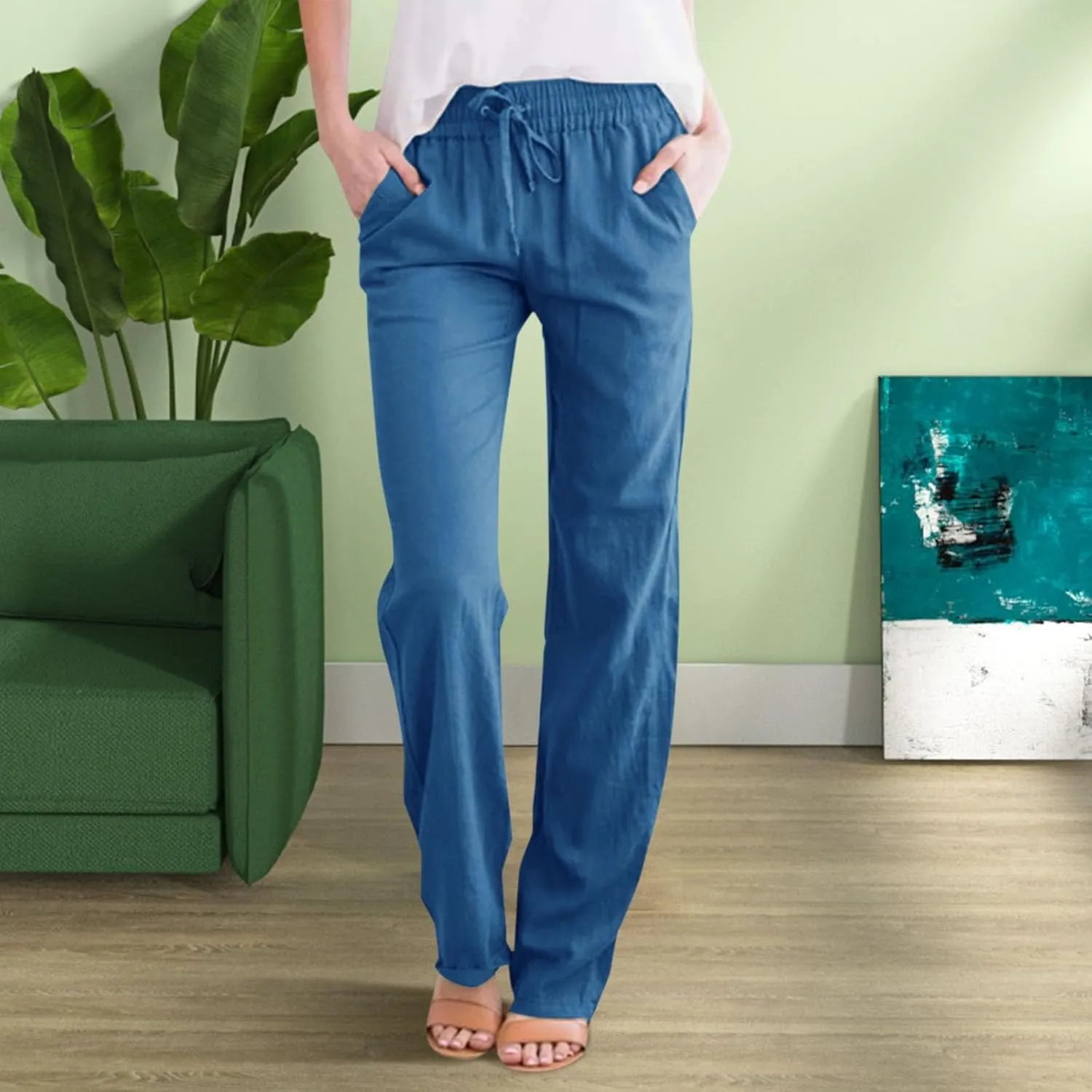 Linen Pants Women Relaxed Fit Linen Pants - Women's Lightweight Summer Casual with Comfortable Elastic Waist