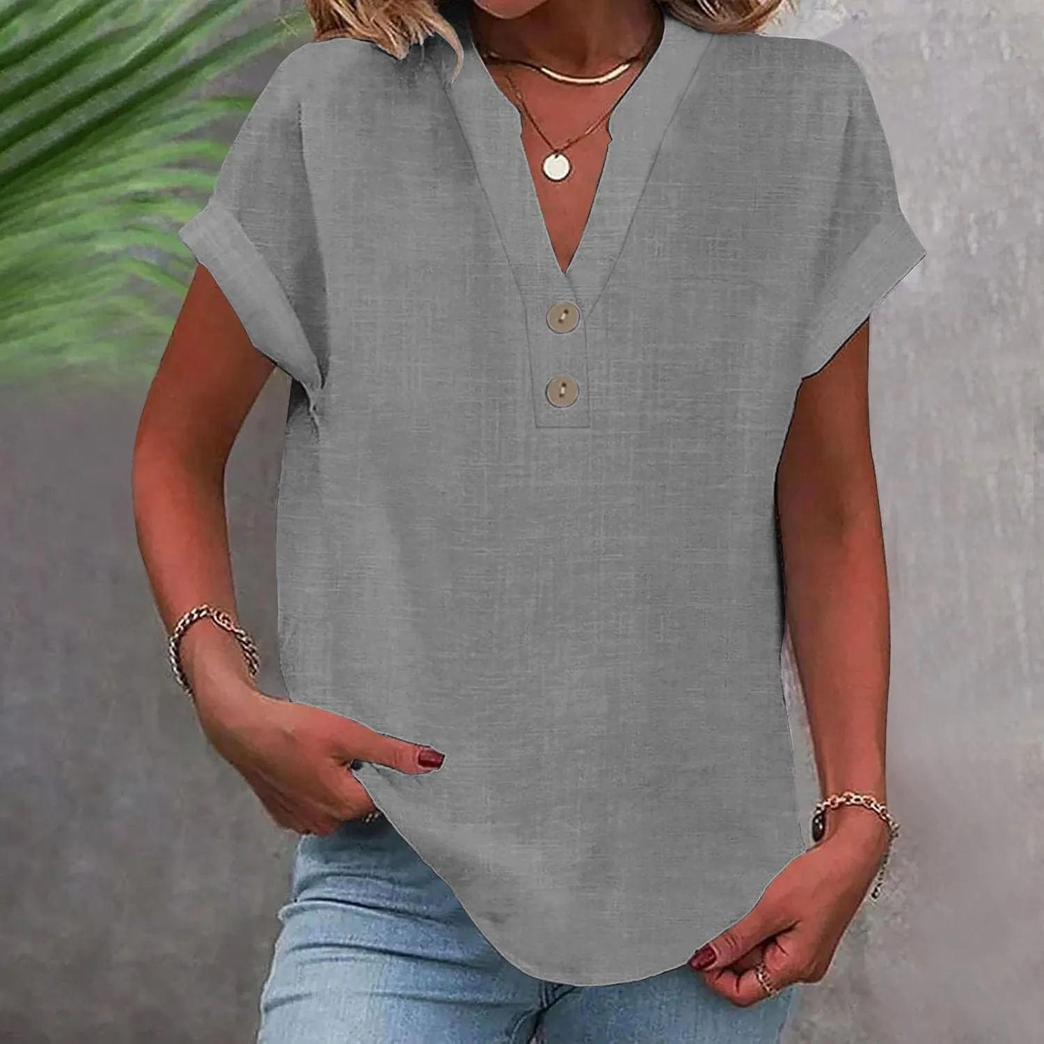 Linen Shirts for Women Summmer Short Sleeve Casual Tops Henley Vcation Beach Lounge Button Lightweight Tunic Blouse