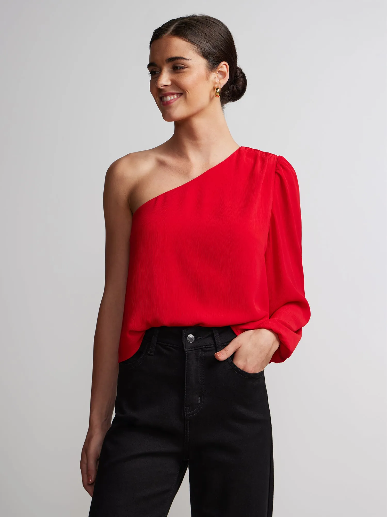Long Balloon Sleeve One-Shoulder Top