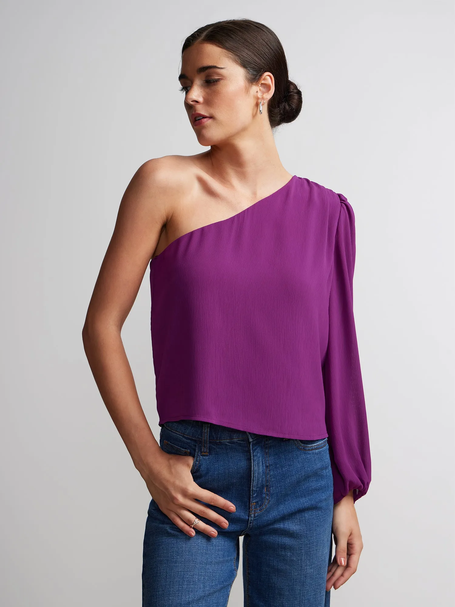 Long Balloon Sleeve One-Shoulder Top