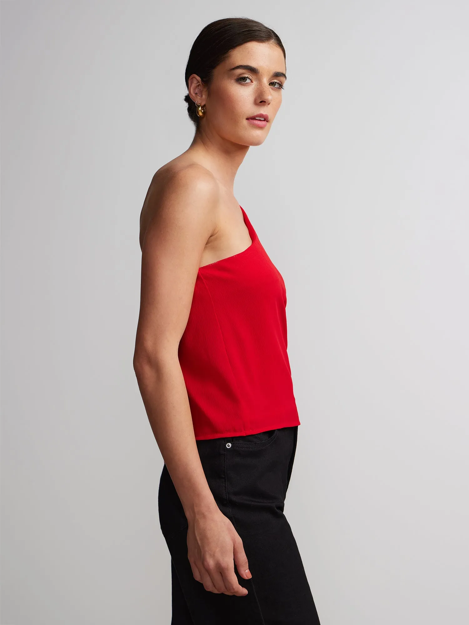 Long Balloon Sleeve One-Shoulder Top