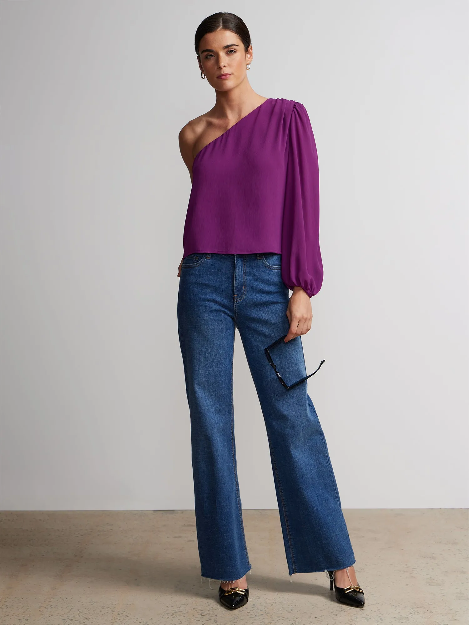 Long Balloon Sleeve One-Shoulder Top