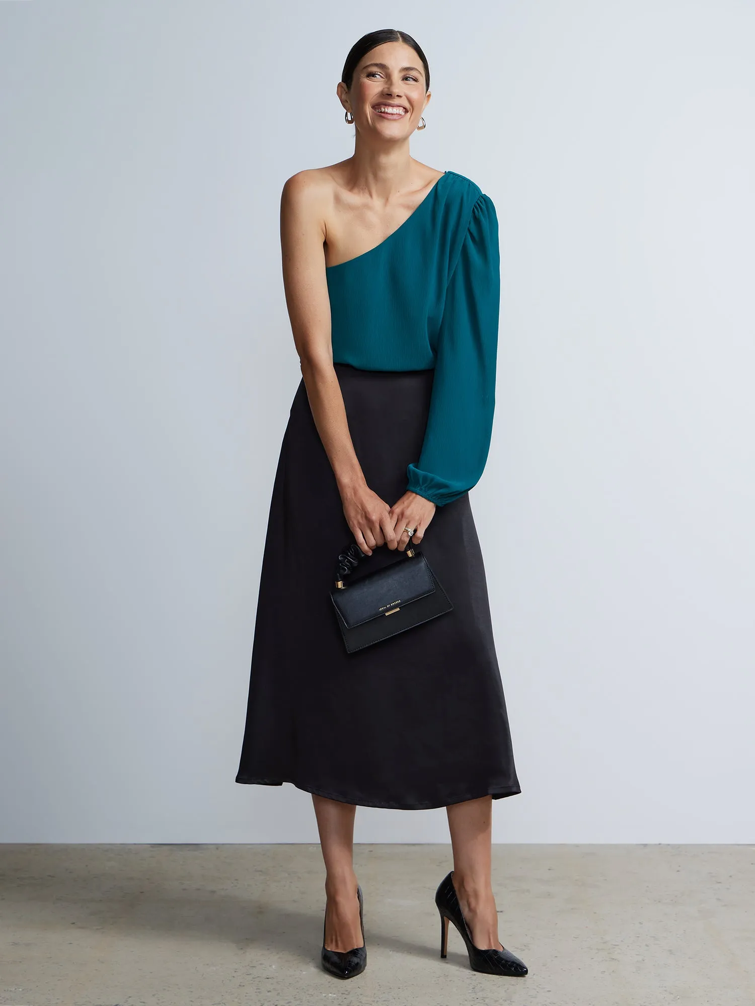 Long Balloon Sleeve One-Shoulder Top