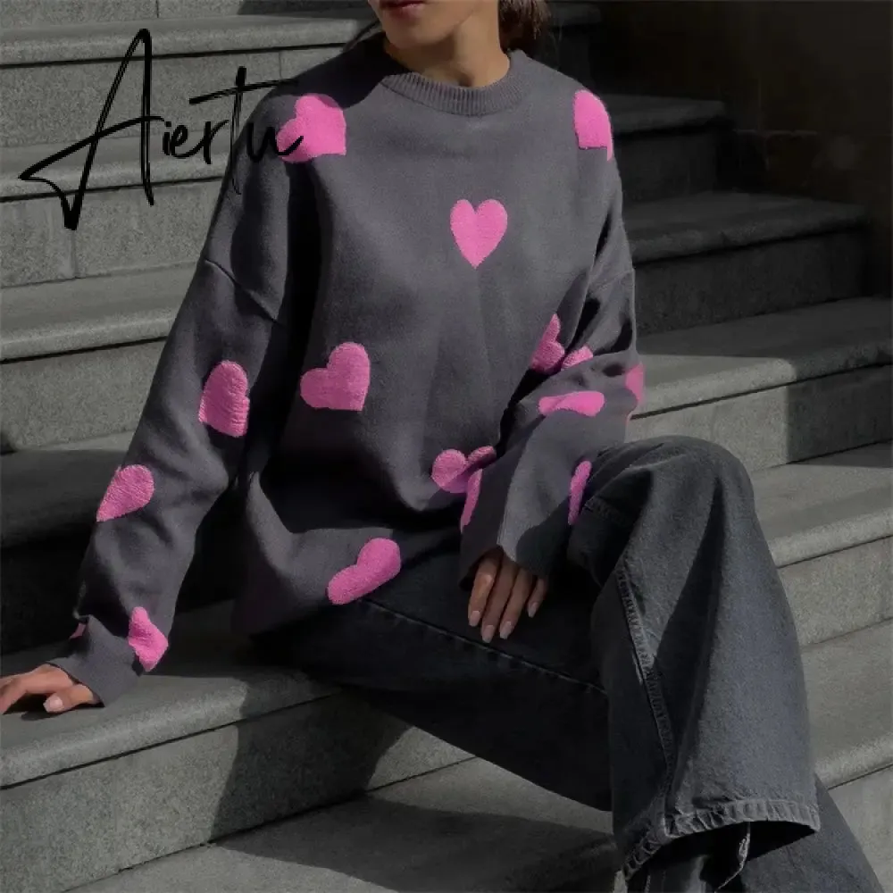 Love Embroidery Women's Knitting Sweaters Sweet Chic Long Sleeved O-neck Pullovers  New Female Casual Fashion Sweater