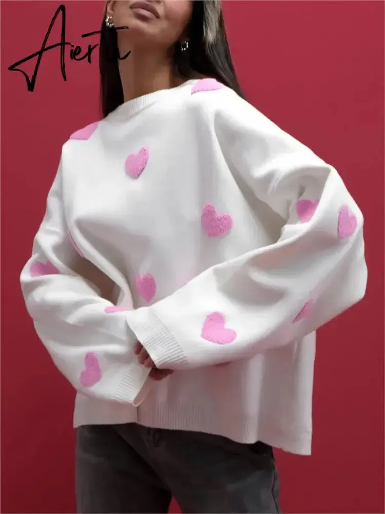 Love Embroidery Women's Knitting Sweaters Sweet Chic Long Sleeved O-neck Pullovers  New Female Casual Fashion Sweater