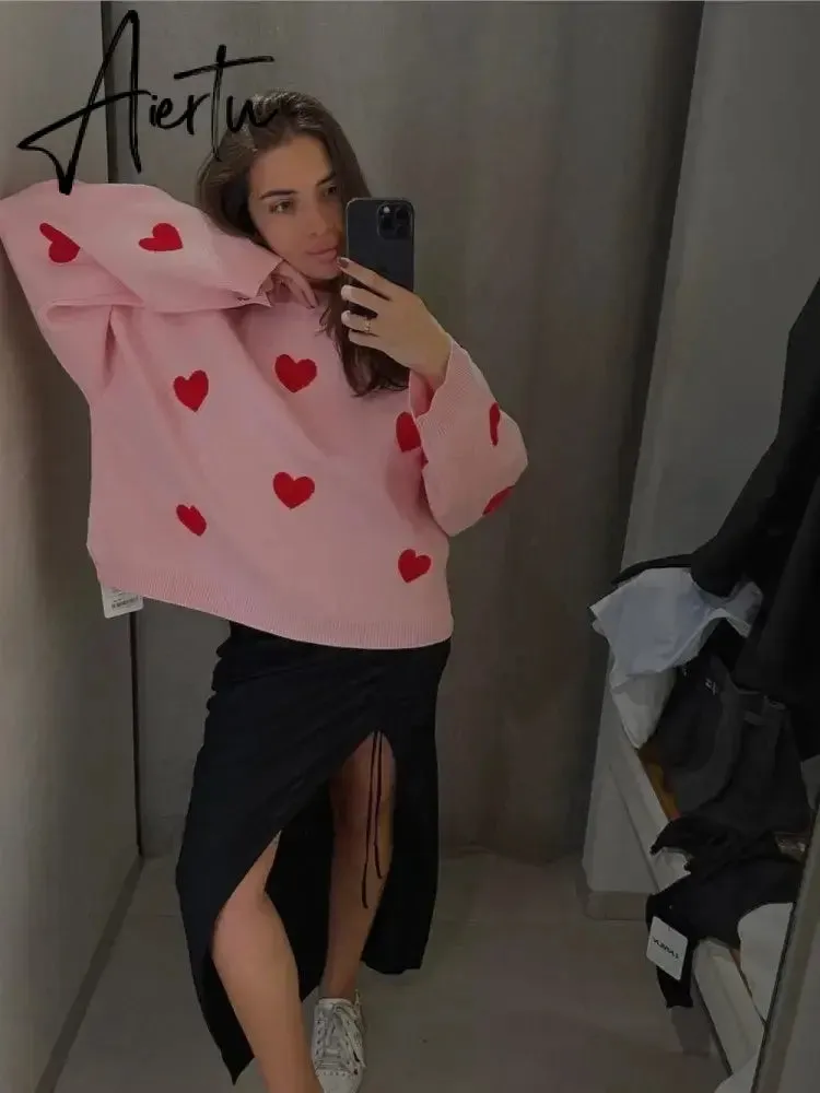 Love Embroidery Women's Knitting Sweaters Sweet Chic Long Sleeved O-neck Pullovers  New Female Casual Fashion Sweater