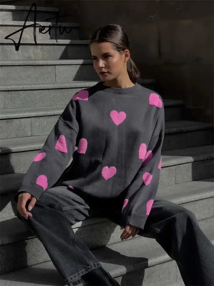 Love Embroidery Women's Knitting Sweaters Sweet Chic Long Sleeved O-neck Pullovers  New Female Casual Fashion Sweater