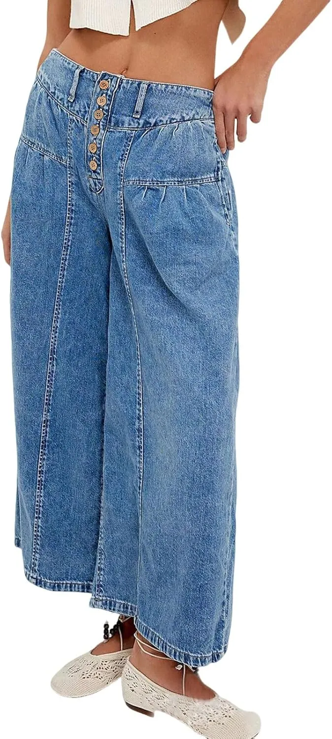 loveimgs Women Mid Rise Pleated Denim Palazzo Pants Cargo Wide Leg Baggy Jeans Ruffle Flare Harem Pants Y2k Elastic Waist