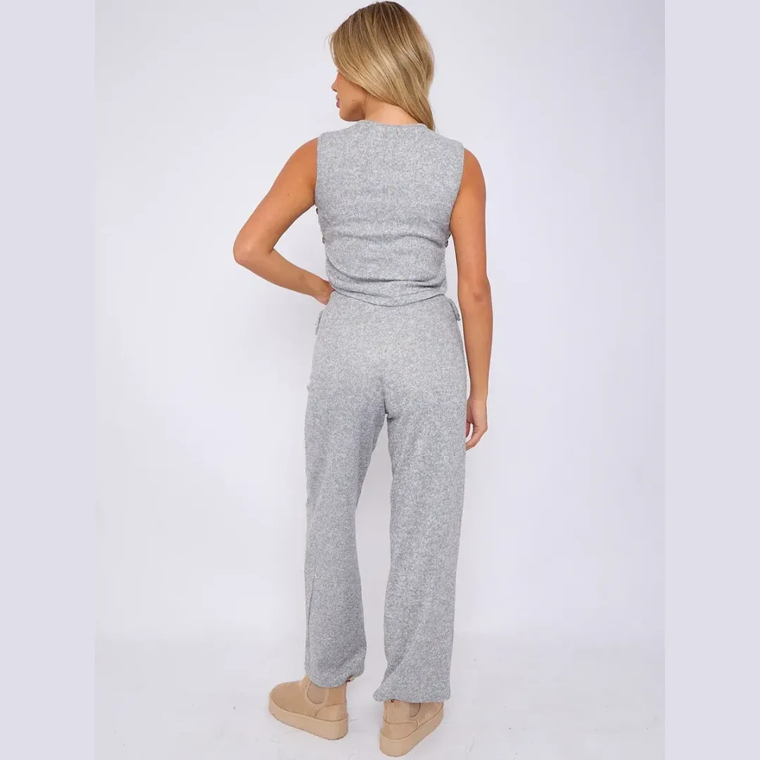 Melange Knit Crop Top & Trouser Co-ord With Button Detail