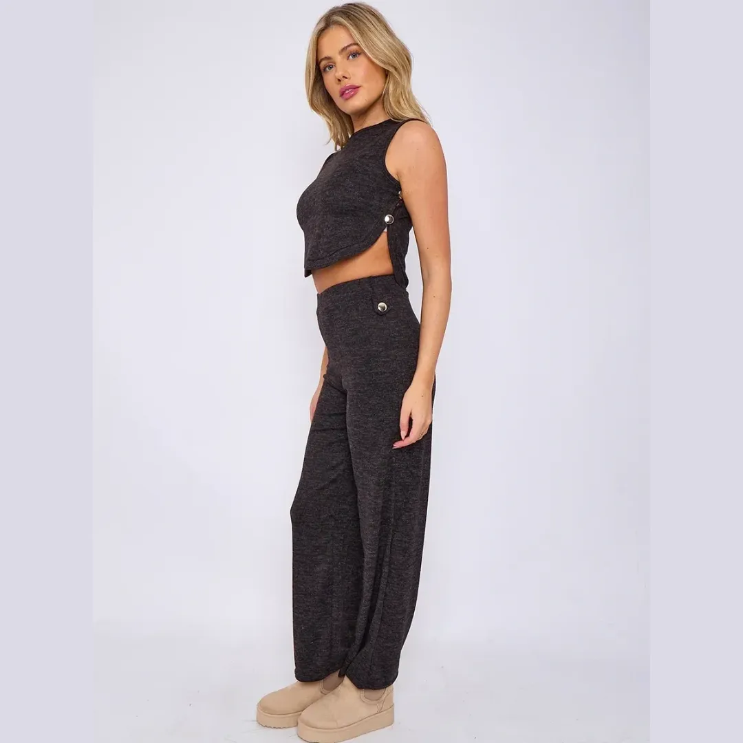 Melange Knit Crop Top & Trouser Co-ord With Button Detail