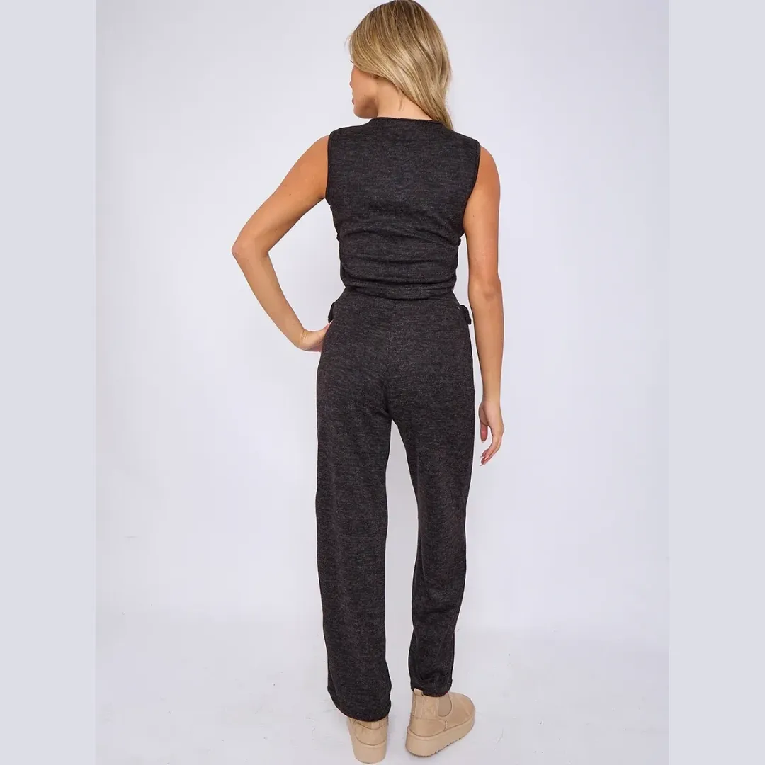 Melange Knit Crop Top & Trouser Co-ord With Button Detail