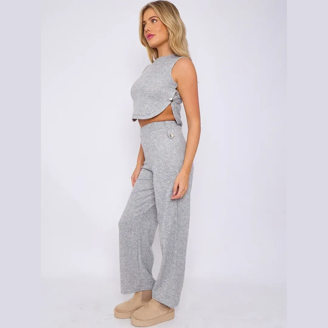 Melange Knit Crop Top & Trouser Co-ord With Button Detail