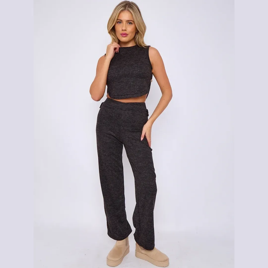 Melange Knit Crop Top & Trouser Co-ord With Button Detail