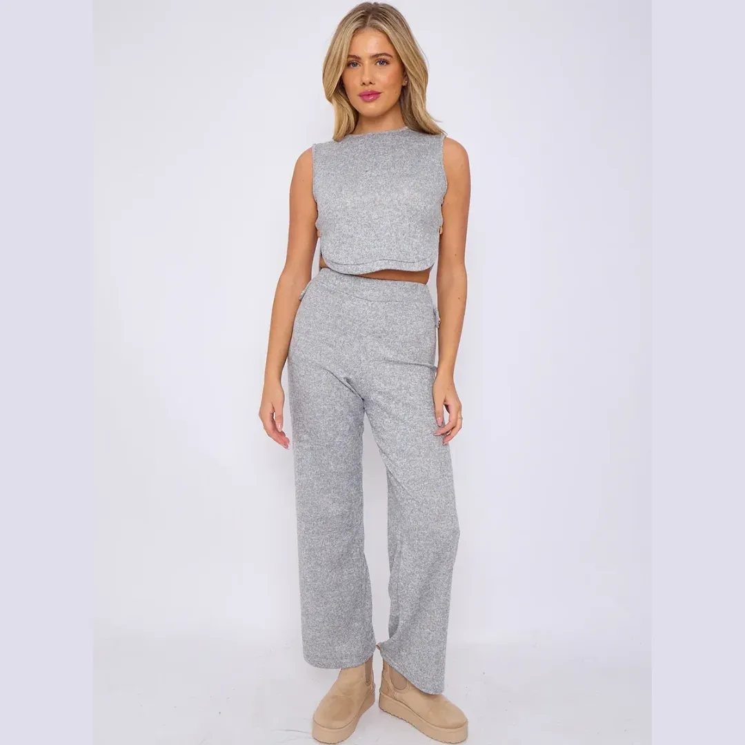 Melange Knit Crop Top & Trouser Co-ord With Button Detail