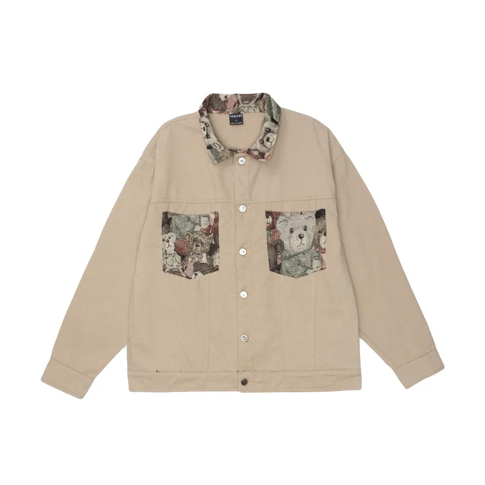 Men Denim Coat Jean Jackets Cartoon Bear Print Patchwork Denim Jacket Men Loose Lapels Jacket Denim Coat