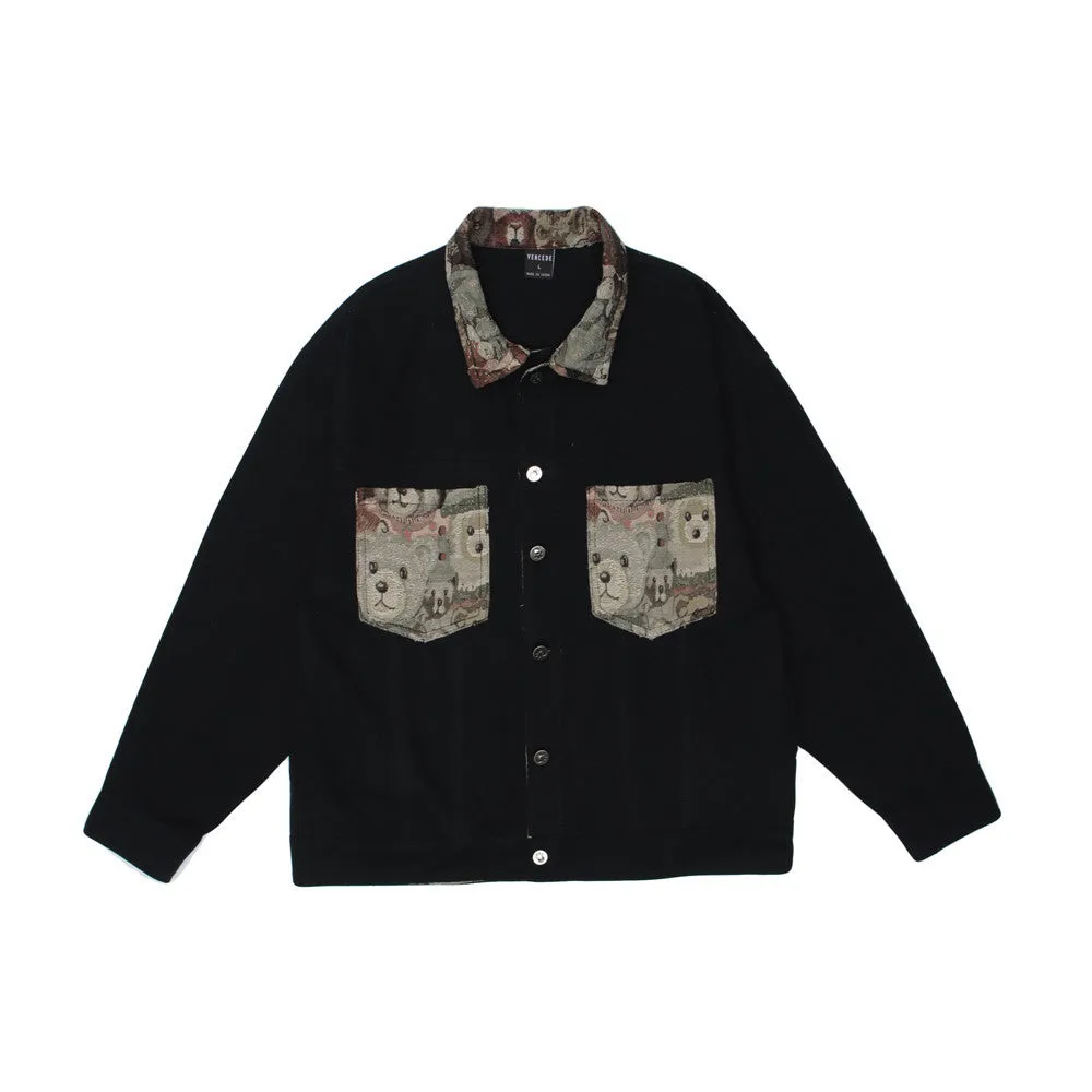 Men Denim Coat Jean Jackets Cartoon Bear Print Patchwork Denim Jacket Men Loose Lapels Jacket Denim Coat